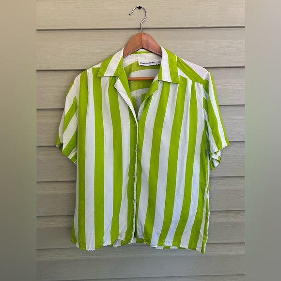 PIERRE CARDIN 80s rayon lime green white striped vacation button down shirt sz 8 - Picture 1 of 13